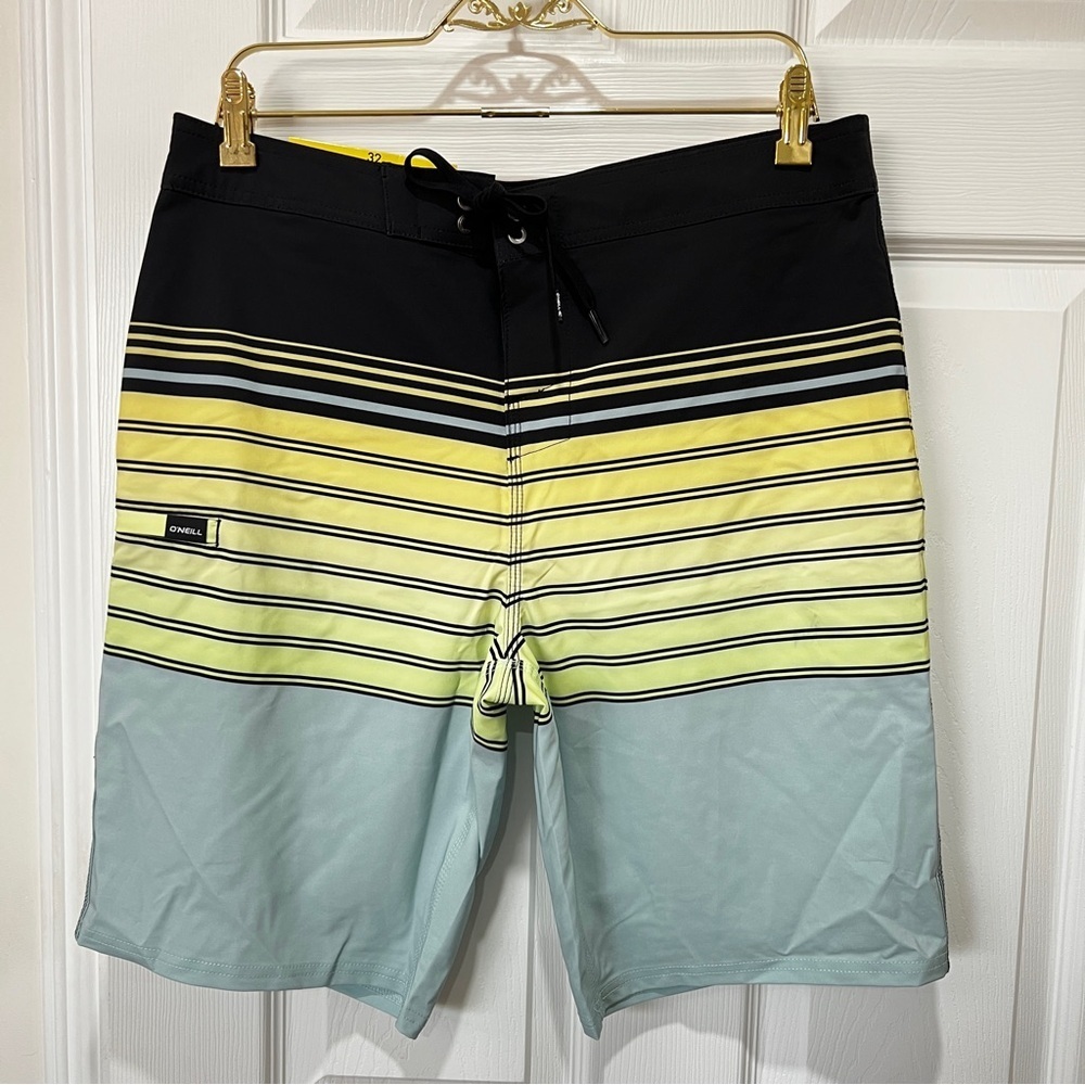 O'Neill Boardshort Swim Shorts Men's Size 32 Striped Black Teal Green Unlined